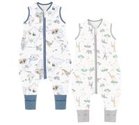 Chilsuessy Sacco nanna per bambini con piedi, confezione da 2 pezzi, 1,5 Tog, sacco a pelo per tutto l'anno, 100% cotone, con gambe, 1,5 tog e foresta di giraffa + carta animale, 80 cm, altezza del