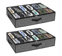 Chiluxendo Set di 2 Organizer Scarpe Sottoletto con Coperchio Trasparente, Scatole Porta Scarpe Pieghevole in Tessuto, Portascarpe da Armadio con Manici e 12 Scomparti(Lino Nero, 74 × 60 × 14cm)