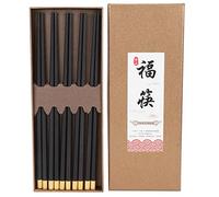 Chinese Style Chopsticks Set | African Blackwood with Copper Inlay & Fu Engraving | Secure Grip Tableware for Home / Restaurant / Present | Sustainable & Food Grade (Ziguang Sandalwood Five Double