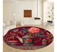 Chinese Style Plant Flower Tea Set Round Area Rug Diameter 90 cm, Dark Red Print Soft Non Slip Rugs - Washable Short Pile Carpet Non Shedding Indoor Carpet for Living Room Bedroom Decor