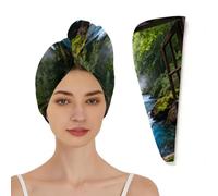 Chintiz Asciugamano per capelli in microfibra da donna, con finestra di fiume forestale, super assorbente, ad asciugatura rapida, design ad anello elastico, anti-crespo, turbante morbido per capelli