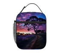 Chintiz Borsa per il pranzo isolata per bambini, motivo albero cielo viola, riutilizzabile, con tasca frontale in rete laterale, impermeabile, a prova di perdite, per scuola, viaggi, picnic, spiaggia