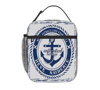 Chintiz Borsa termica per il pranzo per bambini, con bordo blu navy, riutilizzabile, con tasca frontale in rete laterale, impermeabile, a prova di perdite, per scuola, viaggi, picnic, spiaggia, lavoro