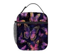 Chintiz Borsa termica per il pranzo per bambini, con bordo viola e oro, riutilizzabile, con tasca frontale in rete laterale, impermeabile, a prova di perdite, per scuola, viaggi, picnic, spiaggia