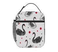 Chintiz Borsa termica per il pranzo per bambini con cigno ad acquerello nero, riutilizzabile, con tasca frontale in rete laterale, impermeabile, a prova di perdite, per scuola, viaggi, picnic