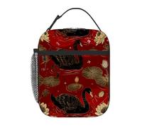 Chintiz Borsa termica per il pranzo per bambini con cigno nero retrò, riutilizzabile, con tasca frontale in rete laterale, impermeabile, a prova di perdite, per scuola, viaggi, picnic, spiaggia