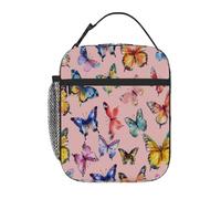 Chintiz Borsa termica per il pranzo per bambini con farfalle di diversi tipi, riutilizzabile, con tasca frontale in rete laterale, impermeabile, a prova di perdite, per scuola, viaggi, picnic