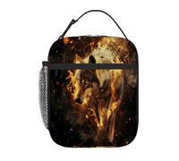 Chintiz Borsa termica per il pranzo per bambini con lupo che brucia fiamme, riutilizzabile, con tasca frontale in rete laterale, impermeabile, a prova di perdite, per scuola, viaggi, picnic, spiaggia