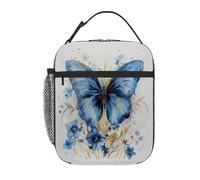 Chintiz Borsa termica per il pranzo per bambini con motivo a farfalla blu, con bordo dorato, riutilizzabile, con tasca frontale in rete laterale, impermeabile, a prova di perdite, per scuola, viaggi