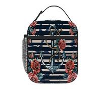 Chintiz Borsa termica per il pranzo per bambini con motivo a forma di barca con rose, riutilizzabile, con tasca frontale in rete laterale, impermeabile, a prova di perdite, per scuola, viaggi, picnic