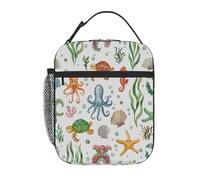 Chintiz Borsa termica per il pranzo per bambini, motivo: polpo disegnato a mano, riutilizzabile, con tasca frontale in rete laterale, impermeabile, a prova di perdite, per scuola, viaggi, picnic