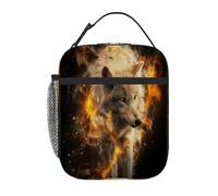 Chintiz Flame Wolf - Borsa termica per il pranzo per bambini, riutilizzabile, con tasca frontale in rete laterale, impermeabile, a prova di perdite, per scuola, viaggi, picnic, spiaggia, lavoro
