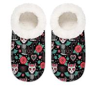 Chintiz Pantofole da donna morbide e calde, da donna, unisex, con scheletri di gatto del giorno dei morti, in peluche, antiscivolo, con retro chiuso, scarpe da casa per l'inverno, camera da letto