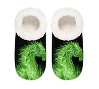 Chintiz Pantofole da donna morbide e calde, da donna, unisex, motivo drago di fuoco verde, in peluche, antiscivolo, con retro chiuso, scarpe da casa per l'inverno, camera da letto, interni ed esterni