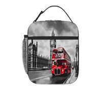 Chintiz Red Bus Big Ben - Borsa termica per il pranzo per bambini, riutilizzabile, con tasca frontale in rete laterale, impermeabile, a prova di perdite, per scuola, viaggi, picnic, spiaggia, lavoro