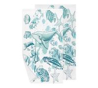 Chintiz Set di 2 asciugamani per le mani, motivo balene oceano, altamente assorbenti, morbidi, per bagno, doccia, bagno, cucina, cameretta dei bambini, dormitorio