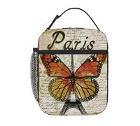 Chintiz Yellow Paris Butterfly - Borsa termica per il pranzo per bambini, riutilizzabile, con tasca frontale in rete laterale, impermeabile, a prova di perdite, per scuola, viaggi, picnic, spiaggia