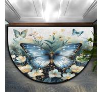 Chintiz Zerbino semicircolare blu classico con farfalle e fiori, 91 x 61 cm, morbido tappeto assorbente con retro antiscivolo, tappetino di benvenuto per interni, per ingresso, camera da letto, cucina