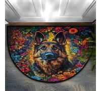 Chintiz Zerbino semicircolare con cane pastore tedesco, fiore colorato, 91 x 61 cm, morbido tappeto assorbente con retro antiscivolo, tappetino di benvenuto per interni, per ingresso, camera da letto