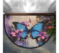 Chintiz Zerbino semicircolare con farfalle blu, fiori rosa, 91 x 61 cm, morbido tappeto assorbente con retro antiscivolo, tappetino di benvenuto per interni, per ingresso, camera da letto, cucina
