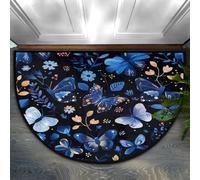Chintiz Zerbino semicircolare con farfalle e fiori blu, 91 x 61 cm, morbido tappeto assorbente con retro antiscivolo, tappetino di benvenuto per interni, per ingresso, camera da letto, cucina, ufficio