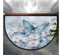 Chintiz Zerbino semicircolare con fiori e farfalle blu, 91 x 61 cm, morbido tappeto assorbente con retro antiscivolo, tappetino di benvenuto per interni, per ingresso, camera da letto, cucina, ufficio
