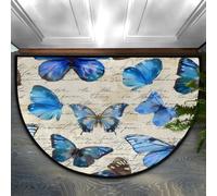 Chintiz Zerbino semicircolare con testo blu con farfalla retrò, 91 x 61 cm, morbido tappeto assorbente con retro antiscivolo, tappetino di benvenuto per interni, per ingresso, camera da letto, cucina