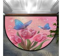 Chintiz Zerbino semicircolare rosa con tulipani e farfalle, 91 x 61 cm, morbido tappeto assorbente con retro antiscivolo, tappetino di benvenuto per interni, per ingresso, camera da letto, cucina