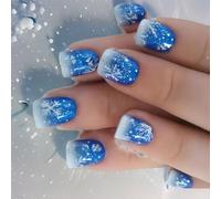 Chiodi artificiali corti quadrati fiocchi di neve unghie artificiali blu coperture complete da incollare sulle unghie di Natale Press On unghie per le donne