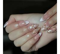 Chiodi di mandorla da spingere con pizzo francese e design floreale a strisce dorate unghie artificiali per le donne 24 pezzi manicure per spingere le unghie