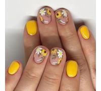 Chiodi quadrati corti da spingere con motivo floreale giallo, confezione da 24 unghie artificiali lucide per unghie da donna