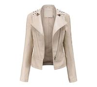 Chiodo Giacca in Pelle da Donna Giacca di Pelle con Borchie Giubbotto Biker in Ecopelle Giacca Motociclista con Cerniera Primavera Autunno Giubbino Corto in Finta Pelle Giubbotto Similpelle Beige L