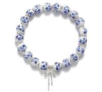 Chiorgone Braccialetto con perline in ceramica floreale blu e bianco, con ciondolo a fiocco in argento, gioiello elasticizzato, stile vintage chinoiserie per donne, One Size, Ceramica, Non pietra