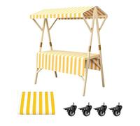 Chiosco Alimentare Portatile con Tenda A Strisce, Bancarella Mercato Contadino Pieghevole con Ruote, Banco Vendita In Legno, Tavolo Buffet Mobile(Yellow,150cm)