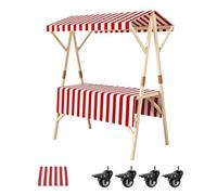 Chiosco Alimentare Portatile con Tenda A Strisce, Bancarella Mercato Contadino Pieghevole con Ruote, Banco Vendita In Legno, Tavolo Buffet Mobile(Red,120cm)