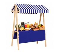 Chiosco di Limonata Pieghevole in Legno - Bancarella di Mercato Portatile con Tendalino per Giochi di Ruolo Bambini e Mercati Rionali(Blue)