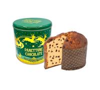 Chiostro di Saronno Panettone Artigianale al Cioccolato 750 g, Panettone a Lenta Lievitazione, Panettone con Gocce di Cioccolato Farcito con Crema al Cioccolato, Confezione Latta Verde con Renne