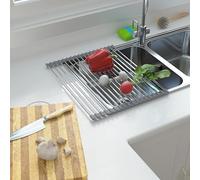 CHIRISEN Scolapiatti telescopico da arrotolare, cucina sopra il lavandino, scolapiatti multiuso in silicone antiscivolo in acciaio inox 18 tubi 33 x 29-55 cm