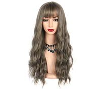 Chisu Parrucche sintetiche con frangia per le donne parrucche senza colla parrucca lunga stile ondulato 26 pollici colore grigio lino verde