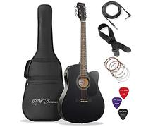 Chitarra elettrica acustica nera sottile con custodia e plettri.
