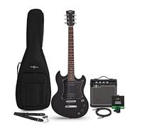 Chitarra Elettrica Brooklyn Nera, Ampli 10W e Pacchetto Accessori | Ampli Portatile con EQ 2 Bande e Uscita Cuffie, Corpo Leggero e Comodo, Corde di Ricambio, Custodia e Accordatore Inclusi