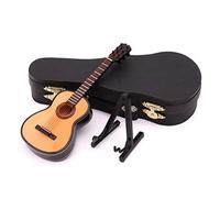 Chitarra elettrica in miniatura, modello basso, struttura in legno con espositore e custodia protettiva, strumento musicale da collezione per appassionati di musica e ufficio domestico