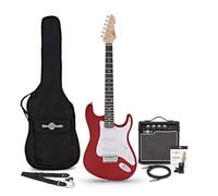 Chitarra Elettrica LA + Pacchetto con Amplificatore Rosso | Corpo Leggero e Comodo, Ampli Portatile con EQ 2 Bande e Uscita Cuffie, Corde di Ricambio e Accordatore Inclusi