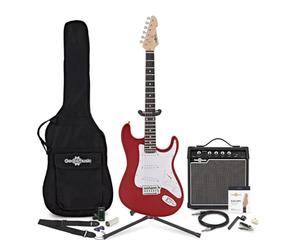 Chitarra Elettrica LA Rosso + Pacchetto Completo con Amplificatore 15 W | Manico e Corpo Leggeri e Comodi, Ampli Portatile con EQ 3 Bande e Overdrive, Ampli Pronto per il Palco e Pacchetto Completo