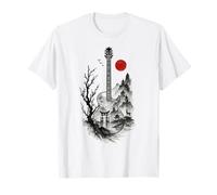 Chitarra Giapponese Paesaggio Inchiostro Arte Cherry Blossom Maglietta