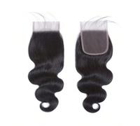 Chiusura del merletto invisibile per capelli umani, tipo capelli a onde, densità del 180%, 1 pezzo, rete 4x4, nodi invisibili, lisci setosi, pre-attaccati con baby hair, colore nero naturale, lunghezz