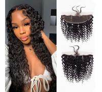 Chiusura Frontale in Pizzo HD Deep Wave 13X4 con Parte Centrale | Chiusura in pizzo trasparente con capelli baby, capelli umani, linea frontale naturalmente diradata, nero naturale,12inch