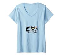 Chive Catitude: Sassy Cat Lover Design con Impronte di Zampe Maglietta con Collo a V, Donna, Celeste, S