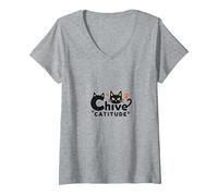 Chive Catitude: Sassy Cat Lover Design con Impronte di Zampe Maglietta con Collo a V, Donna, Grigio Melange, XXL