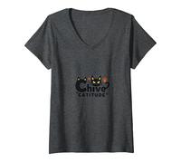 Chive Catitude: Sassy Cat Lover Design con Impronte di Zampe Maglietta con Collo a V, Donna, Grigio Scuro, XXL